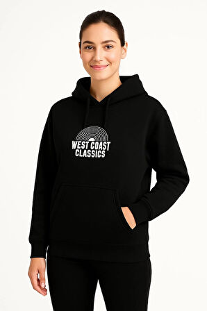 Kadın Kapşonlu Sweatshirt - Oversize'West Coast Classics' - Siyah