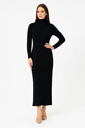 Kadın Boğazlı Triko Elbise - Siyah