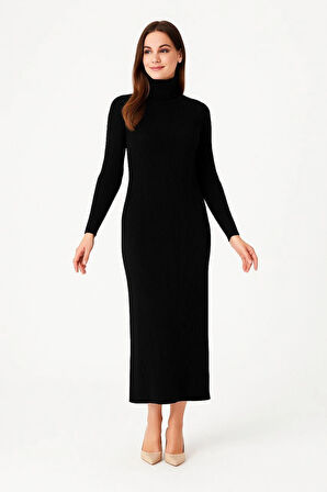 Kadın Boğazlı Triko Elbise - Siyah