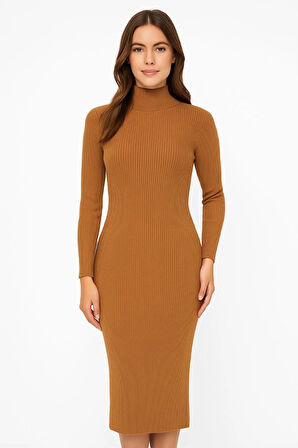Kadın Boğazlı Triko Elbise - Kahverengi