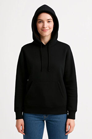 Kadın Üç İplik Kapüşonlu Kanguru Cepli Sweatshirt hoodie - Siyah