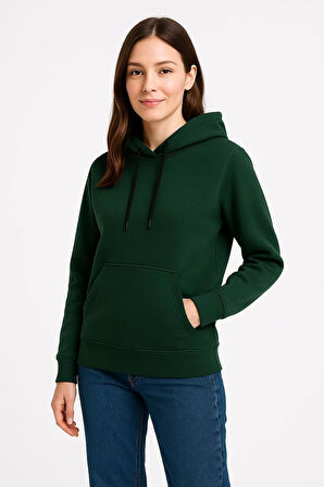 Kadın Üç İplik Kapüşonlu Kanguru Cepli Sweatshirt hoodie - Haki