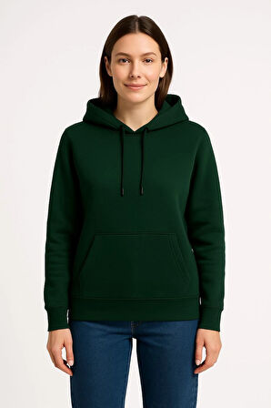 Kadın Üç İplik Kapüşonlu Kanguru Cepli Sweatshirt hoodie - Haki