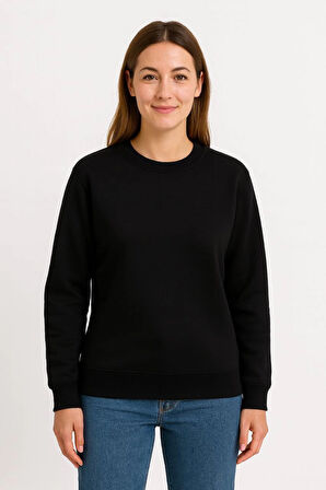 Kadın Üç İplik Düz Bisiklet Yaka SweatShirt - Siyah