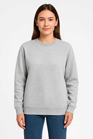 Kadın Üç İplik Düz Bisiklet Yaka SweatShirt - Gri