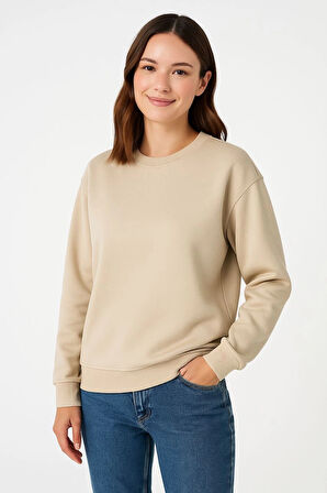 Kadın Üç İplik Düz Bisiklet Yaka SweatShirt - Bej