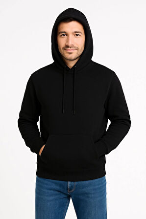 Erkek Üç İplik Kapüşonlu Kanguru Cepli SweatShirt hoodie - Siyah