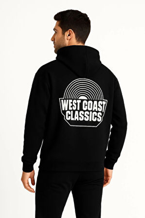 Erkek Kapşonlu Sweatshirt - 'West Coast Classics' Ön & Arka Baskılı,- Siyah