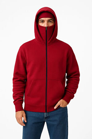 Samuray Ninja Çift Kapşonlu ZIP Fermuarlı Kanguru Çepli Tam Fermuarlı Hoodie  sweatshirt - Kırmızı