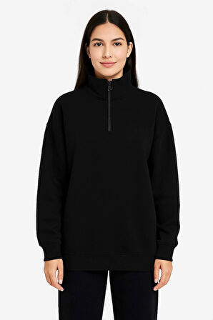 Kadın Üç İplik Dık Yaka Yarım Fermuarlı SweatShirt - Siyah