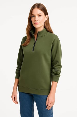 Kadın 3 iplik Dık Yaka Yarım Fermuarlı SweatShirt - Haki