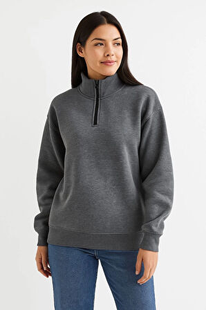 Kadın Üç İplik Dık Yaka Yarım Fermuarlı SweatShirt - Antrasit