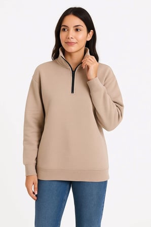 Kadın 3 İplik Dık Yaka Yarım Fermuarlı SweatShirt - Bej
