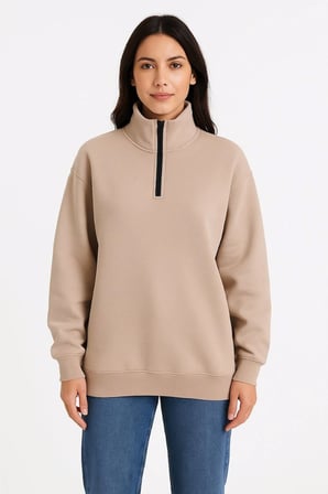 Kadın 3 İplik Dık Yaka Yarım Fermuarlı SweatShirt - Bej