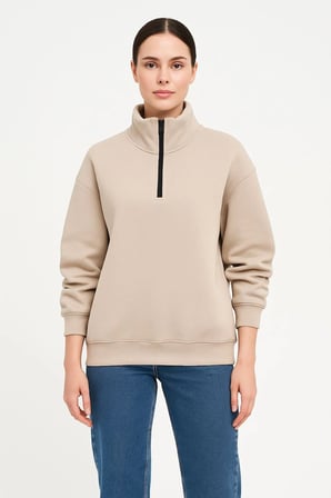 Kadın 3 İplik Dık Yaka Yarım Fermuarlı SweatShirt - Bej