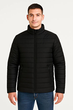 Erkek Bomber Mont Ceket - Su İtici Kumaş, Kapitone Astarlı, Fermuarlı, Kışlık - Siyah