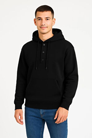 Erkek Ovarsize Kapüşonlu Swetshirt Kanguru Çepli Cıtcıtlı 3 iplik Şardonlu Hoodie - Siyah