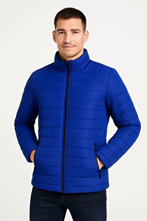 Erkek Bomber Mont Ceket - Su İtici Kumaş, Kapitone Astarlı, Fermuarlı, Kışlık - Saks Mavisi