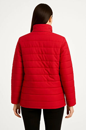 Kadın Bomber Mont Ceket - Su İtici Kumaş, Kapitone Astarlı, Fermuarlı, Kışlık - Kırmızı