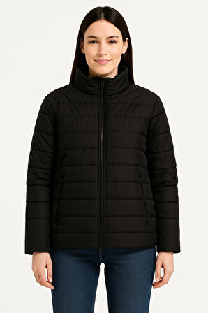 Kadın Bomber Mont Ceket - Su İtici Kumaş, Kapitone Astarlı, Fermuarlı, Kışlık - Siyah