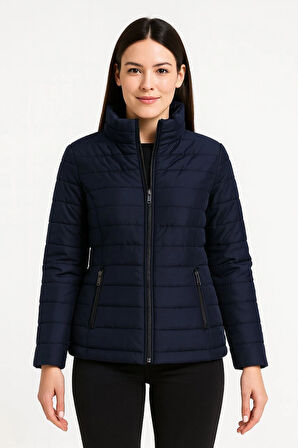 Kadın Bomber Mont Ceket - Su İtici Kumaş, Kapitone Astarlı, Fermuarlı, Kışlık - Lacivert