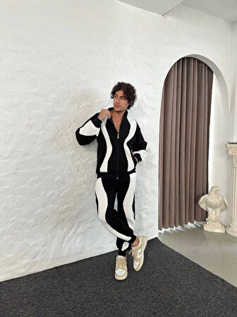 Erkek Premium Parçalı Eşofman Takım - Dik Yaka Fermuarlı Sweatshirt, - Siyah