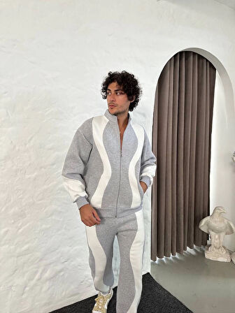 Erkek Premium Parçalı Eşofman Takım - Dik Yaka Fermuarlı Sweatshirt, - Gri