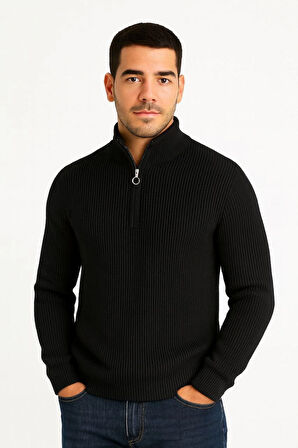 Erkek Yarım Fermuarlı Triko Kazak Siyah