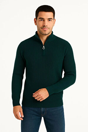 Erkek Yarım Fermuarlı Triko Kazak - Selanik Örgü, Dik Yaka, Pamuklu Dokuma, Regular Fit Uzun Kollu Kışlık Model - Haki