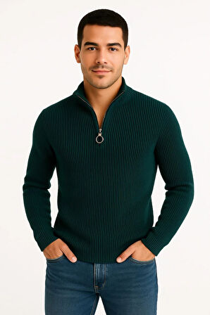Erkek Yarım Fermuarlı Triko Kazak - Selanik Örgü, Dik Yaka, Pamuklu Dokuma, Regular Fit Uzun Kollu Kışlık Model - Haki