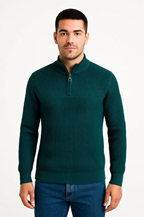 Erkek Yarım Fermuarlı Triko Kazak - Selanik Örgü, Dik Yaka, Pamuklu Dokuma, Regular Fit Uzun Kollu Kışlık Model - Haki