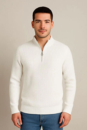Erkek Yarım Fermuarlı Triko Kazak Beyaz