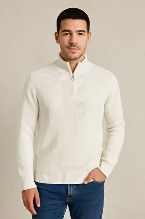 Erkek Yarım Fermuarlı Triko Kazak Beyaz