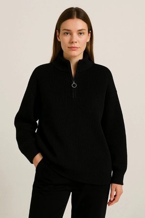 KADIN Yarım Fermuarlı Triko Kazak – Selanik Örgü, Dik Yaka, Pamuklu Dokuma, Oversize Uzun Kollu Kışlık Model - Siyah