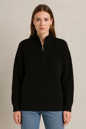 KADIN Yarım Fermuarlı Triko Kazak – Selanik Örgü, Dik Yaka, Pamuklu Dokuma, Oversize Uzun Kollu Kışlık Model - Siyah