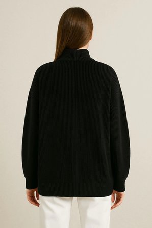 KADIN Yarım Fermuarlı Triko Kazak – Selanik Örgü, Dik Yaka, Pamuklu Dokuma, Oversize Uzun Kollu Kışlık Model - Siyah