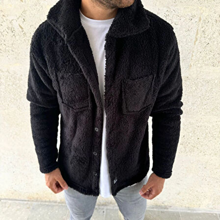 Erkek Pelüş Polar Hırka Gömlek - Siyah