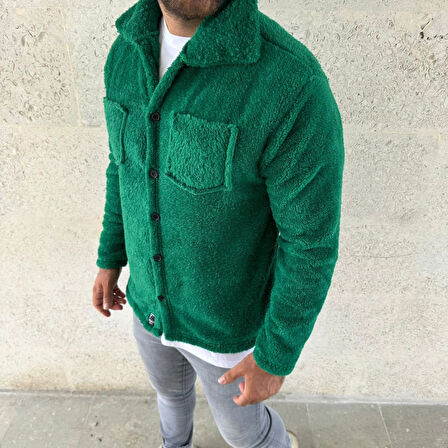 Erkek Pelüş Polar Hırka Gömlek -- Çimen Yeşili