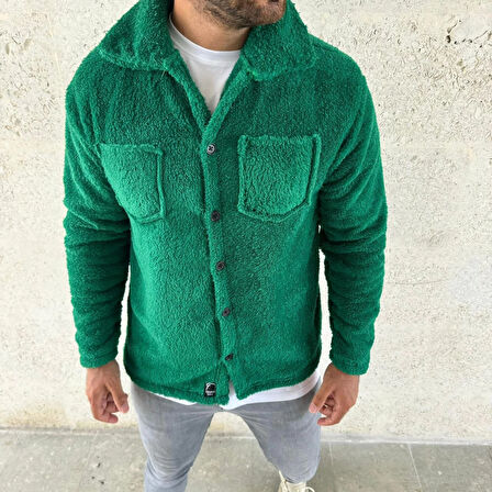 Erkek Pelüş Polar Hırka Gömlek -- Çimen Yeşili