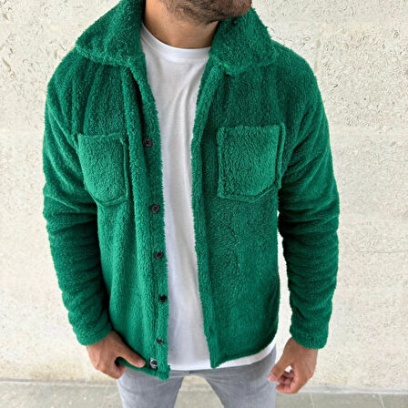 Erkek Pelüş Polar Hırka Gömlek -- Çimen Yeşili