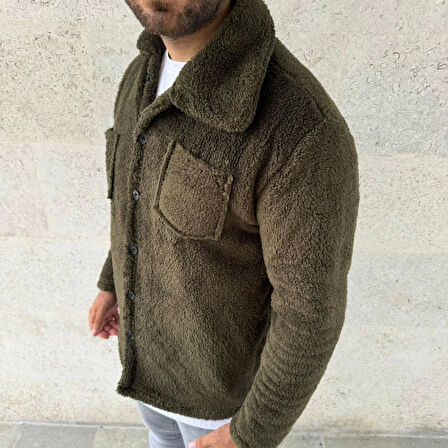 Erkek Pelüş Polar Hırka Gömlek - Haki