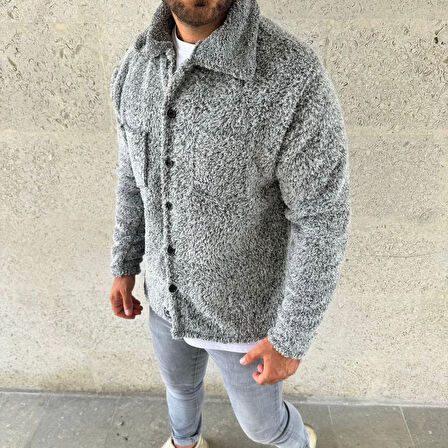 Erkek Pelüş Polar Hırka Gömlek - Gri