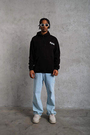 Erkek Oversize Kapüşonlu Sweat - Siyah Kol ve Etek Ribana Detaylı