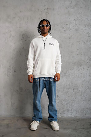 Erkek OversizeKapüşonlu Sweat - Kol ve Etek Ribana DetaylıBeyaz