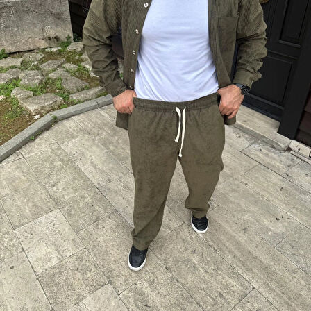 Erkek Kadife Oversize Takım - Haki