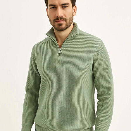 Erkek Yarım Fermuarlı Triko Kazak  Mint Yeşili