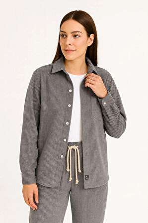 Kadın Kadife Oversize Takım - Gömlek ve Pantolon İkili Set Füme