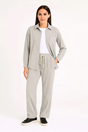 Kadın Kadife Oversize Takım - Gömlek ve Pantolon İkili Set  Gri