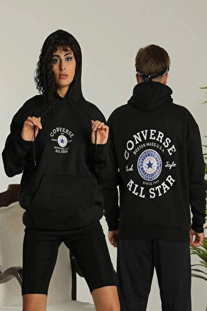 Unisex OversizeKapüşonlu Sweatshirt - All Star Ön ve Arka Baskılı,- Siyah