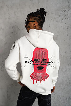 Erkek OversizeKapüşonlu Sweatshirt - 'Don t Be Terrified'  Beyaz